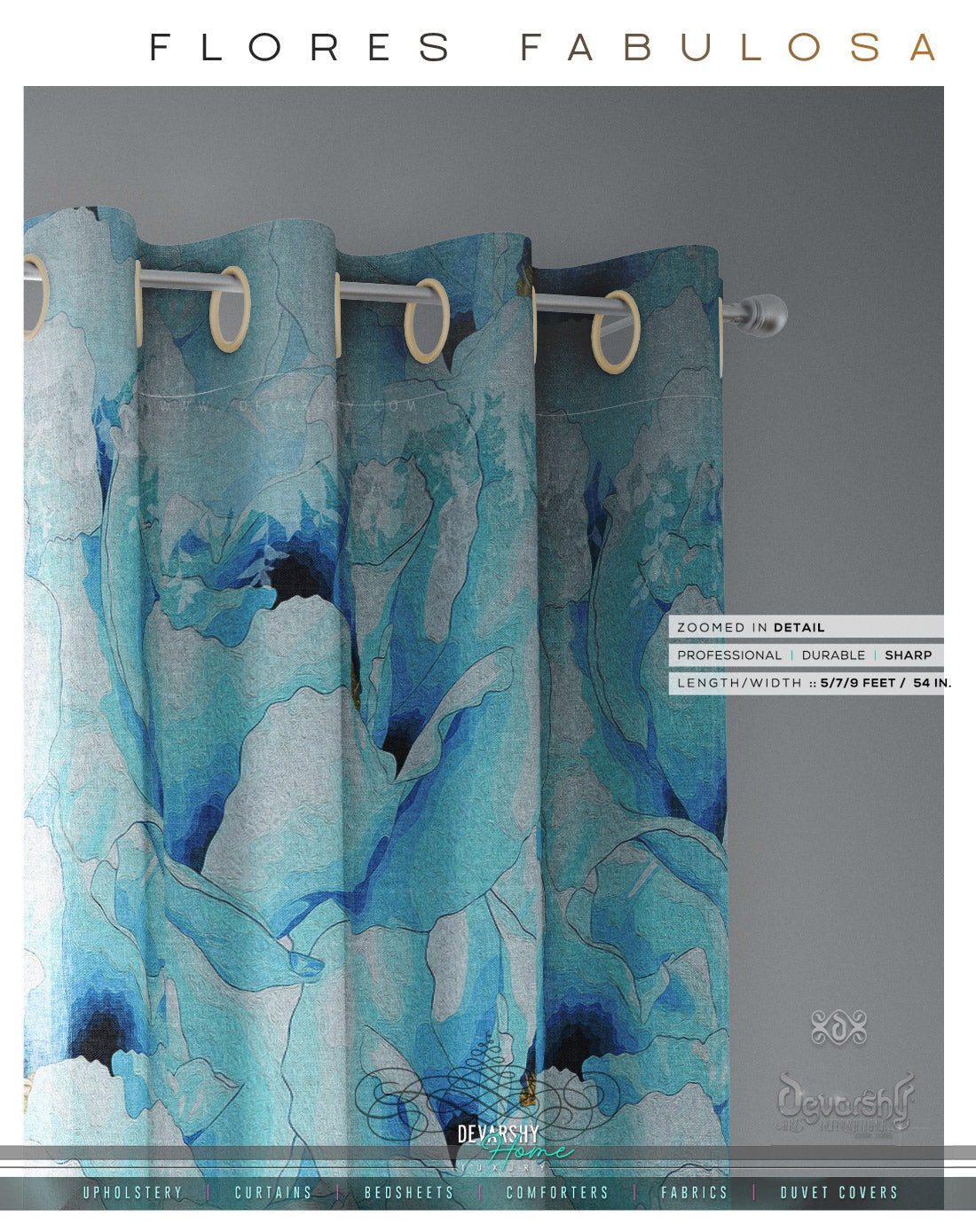 Painted Aqua Floral PREMIUM Curtain Panel. Available on 12 Fabrics. Made to Order. 10023