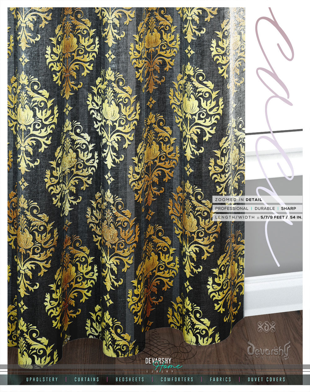 Ornate Damask Stripes PREMIUM Curtain Panel. Available on 12 Fabrics. Made to Order. 100277