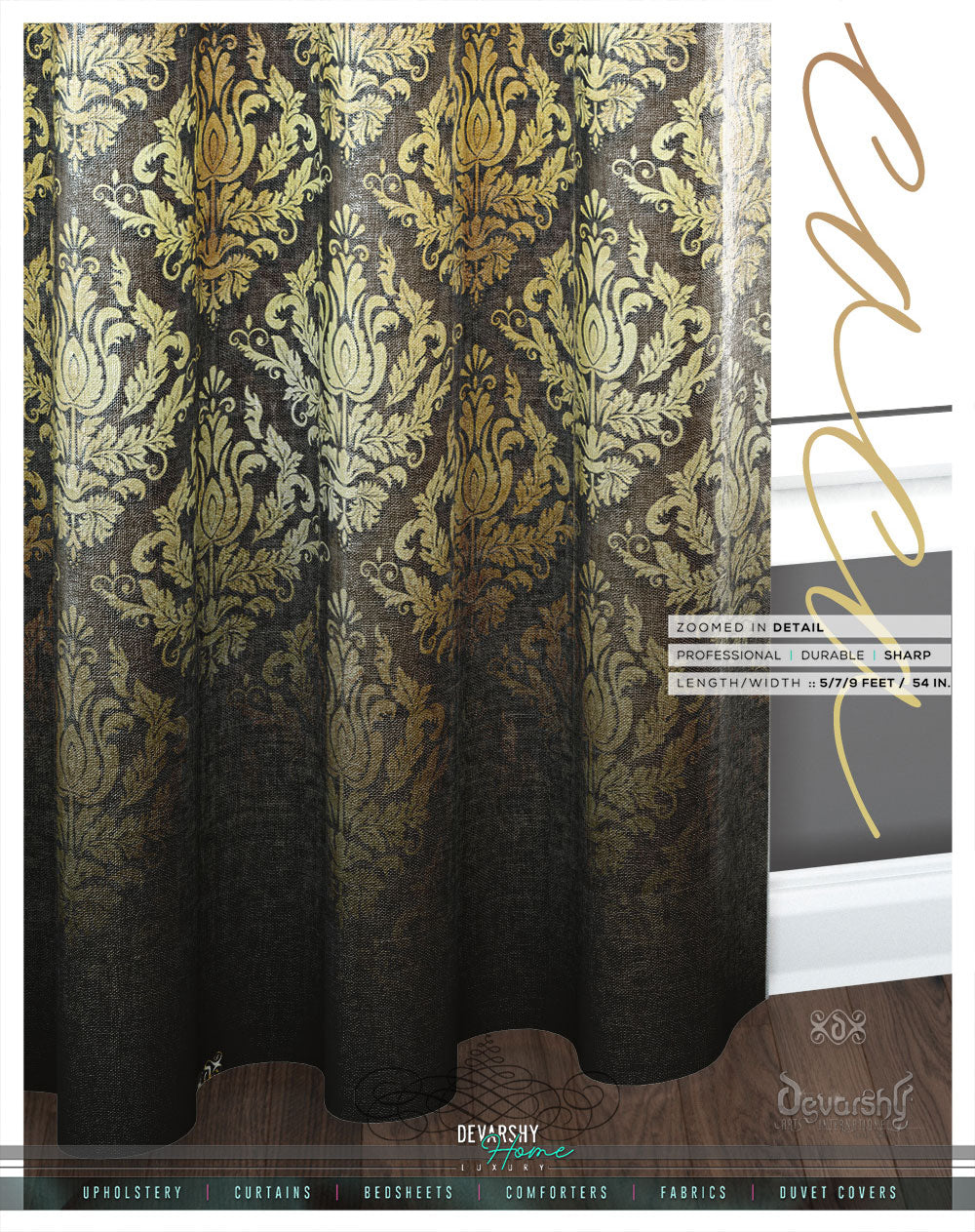 Ornate Brown Damask PREMIUM Curtain Panel. Available on 12 Fabrics. Made to Order. 100278