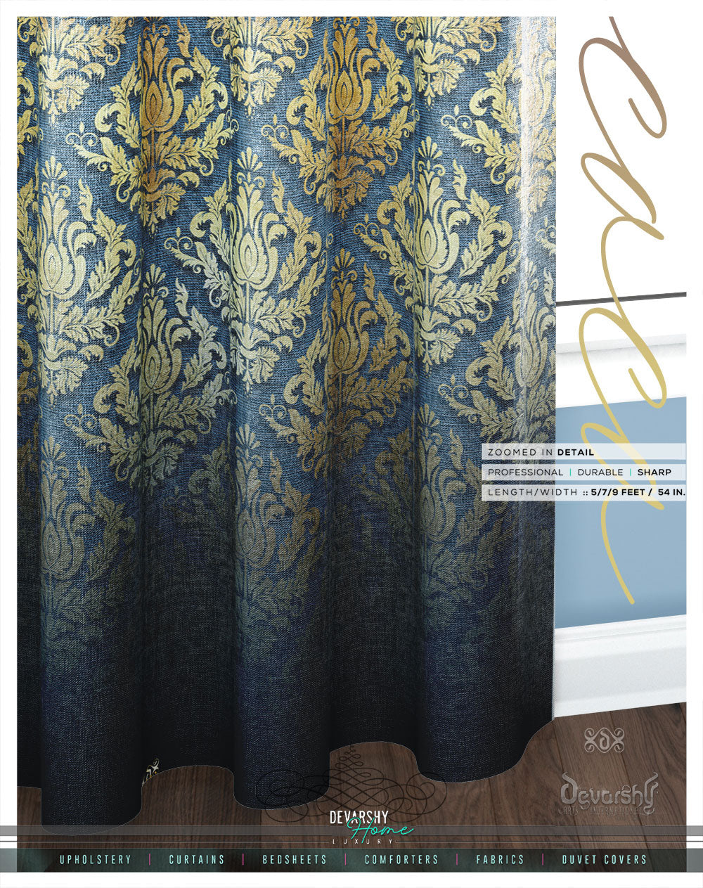 Ornate Blue Damask PREMIUM Curtain Panel. Available on 12 Fabrics. Made to Order. 100279