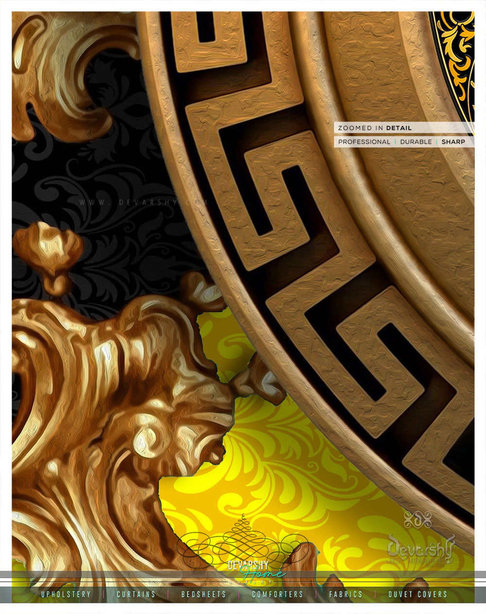 Opulence Of Sicily, Baroque Yellow PREMIUM Curtain. Available on 12 Fabrics. Made to Order. 100336