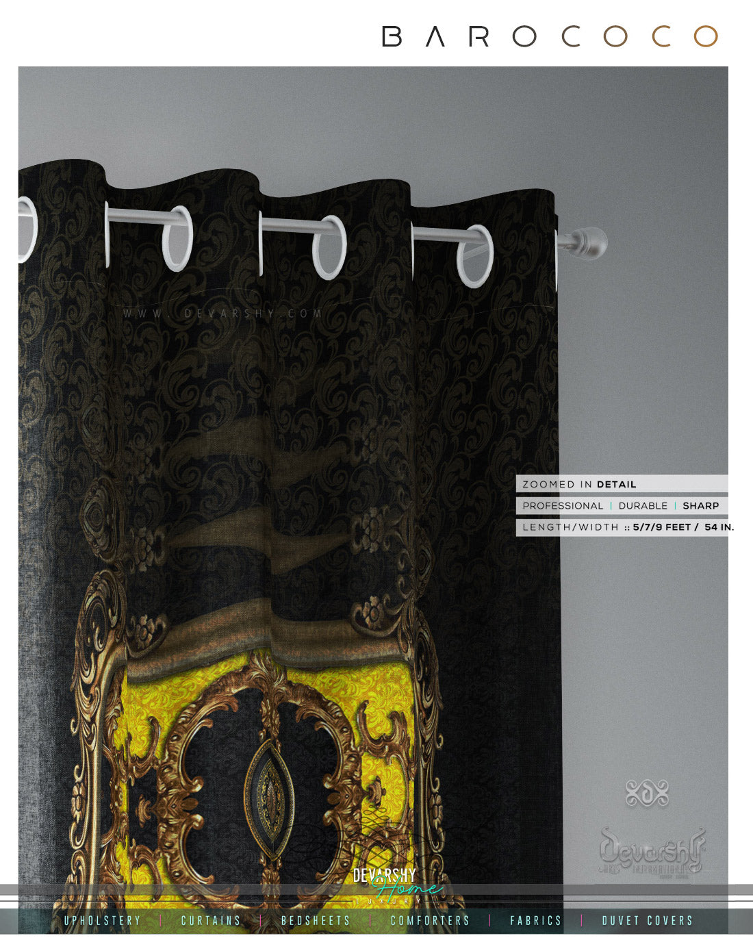 Opulence Of Sicily, Baroque Yellow PREMIUM Curtain. Available on 12 Fabrics. Made to Order. 100336