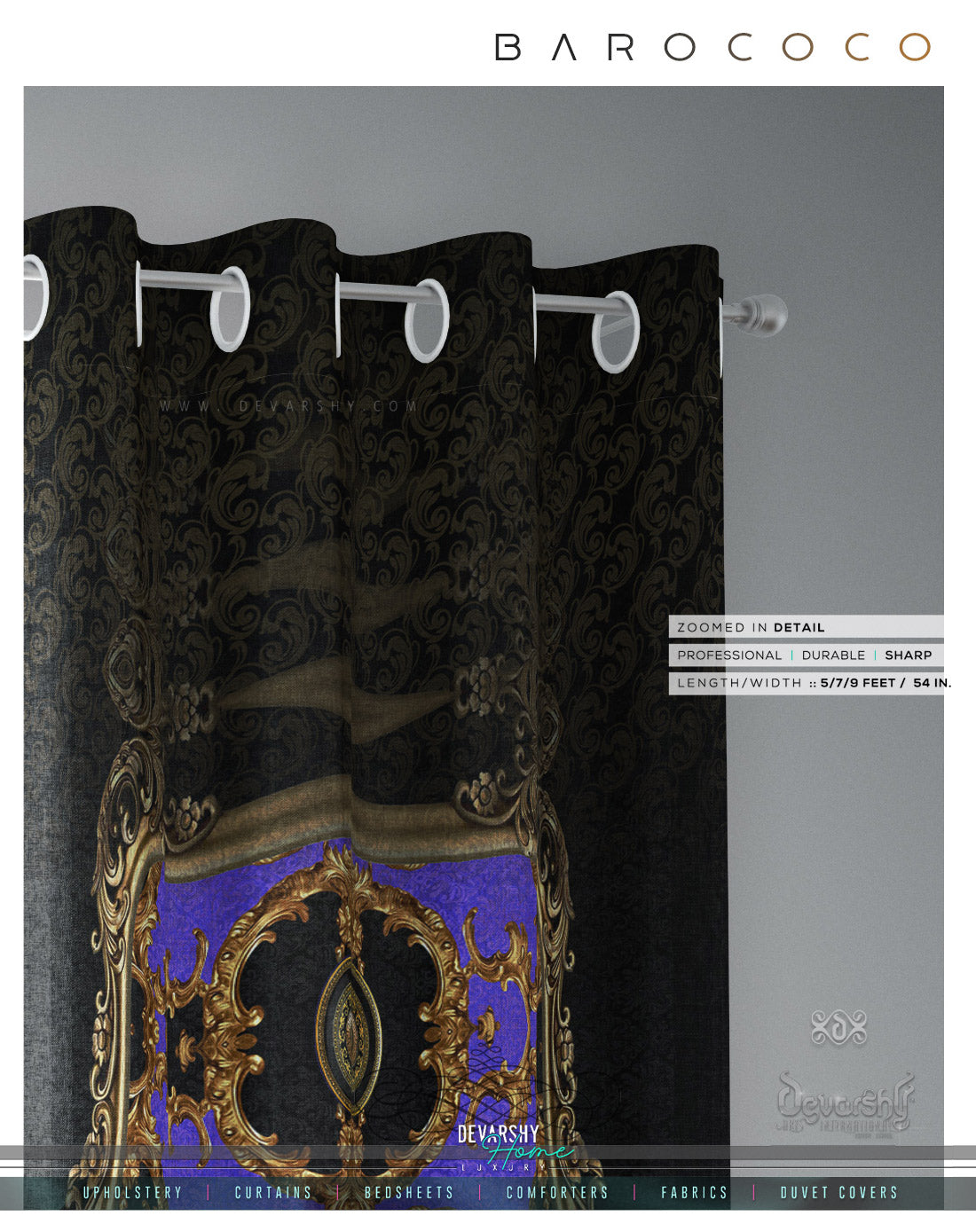 Opulence Of Sicily, Violet Baroque PREMIUM Curtain. Available on 12 Fabrics. Made to Order. 100339