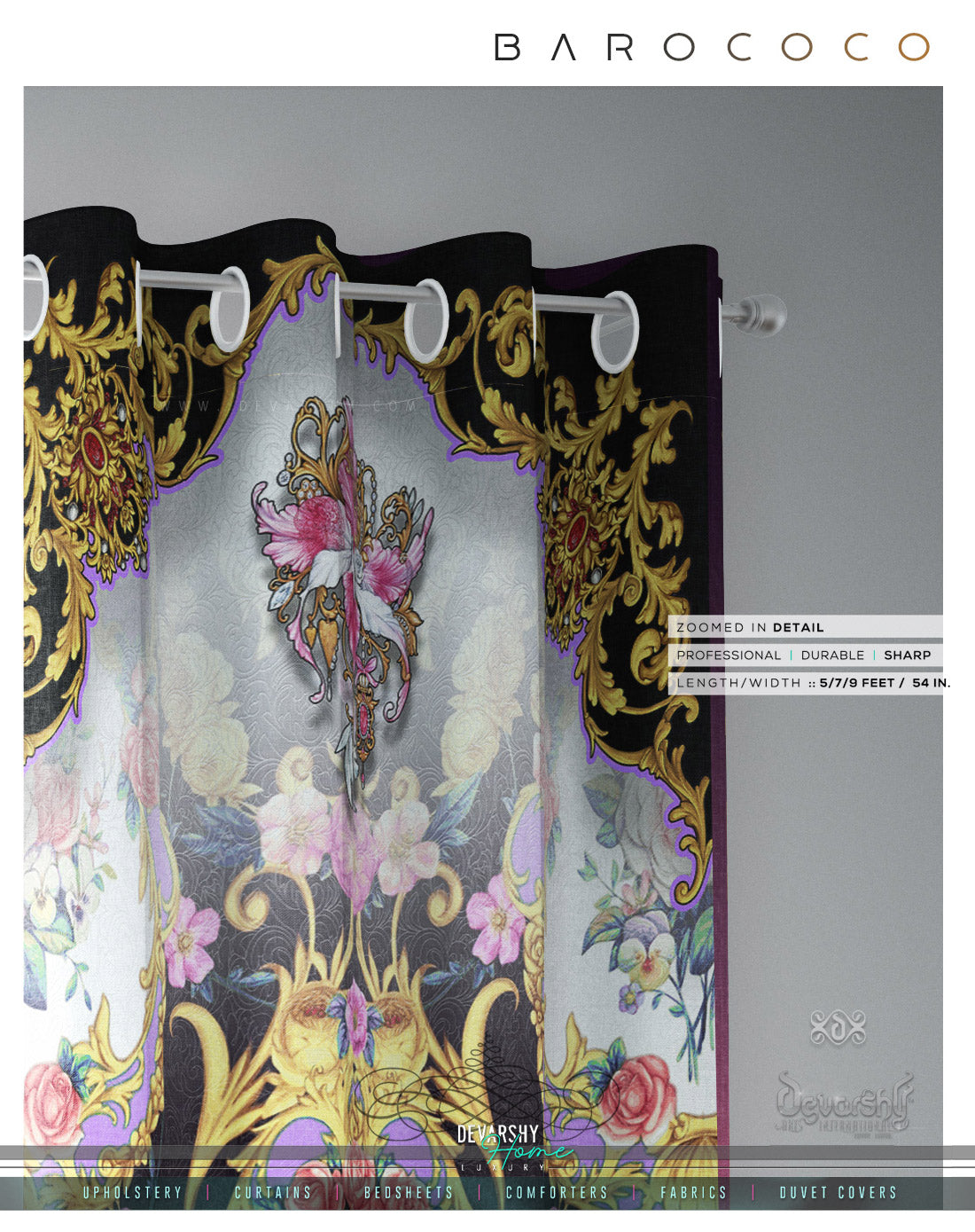 Extravagant Floral Print PREMIUM Curtain Panel. Available on 12 Fabrics. Made to Order. 100362