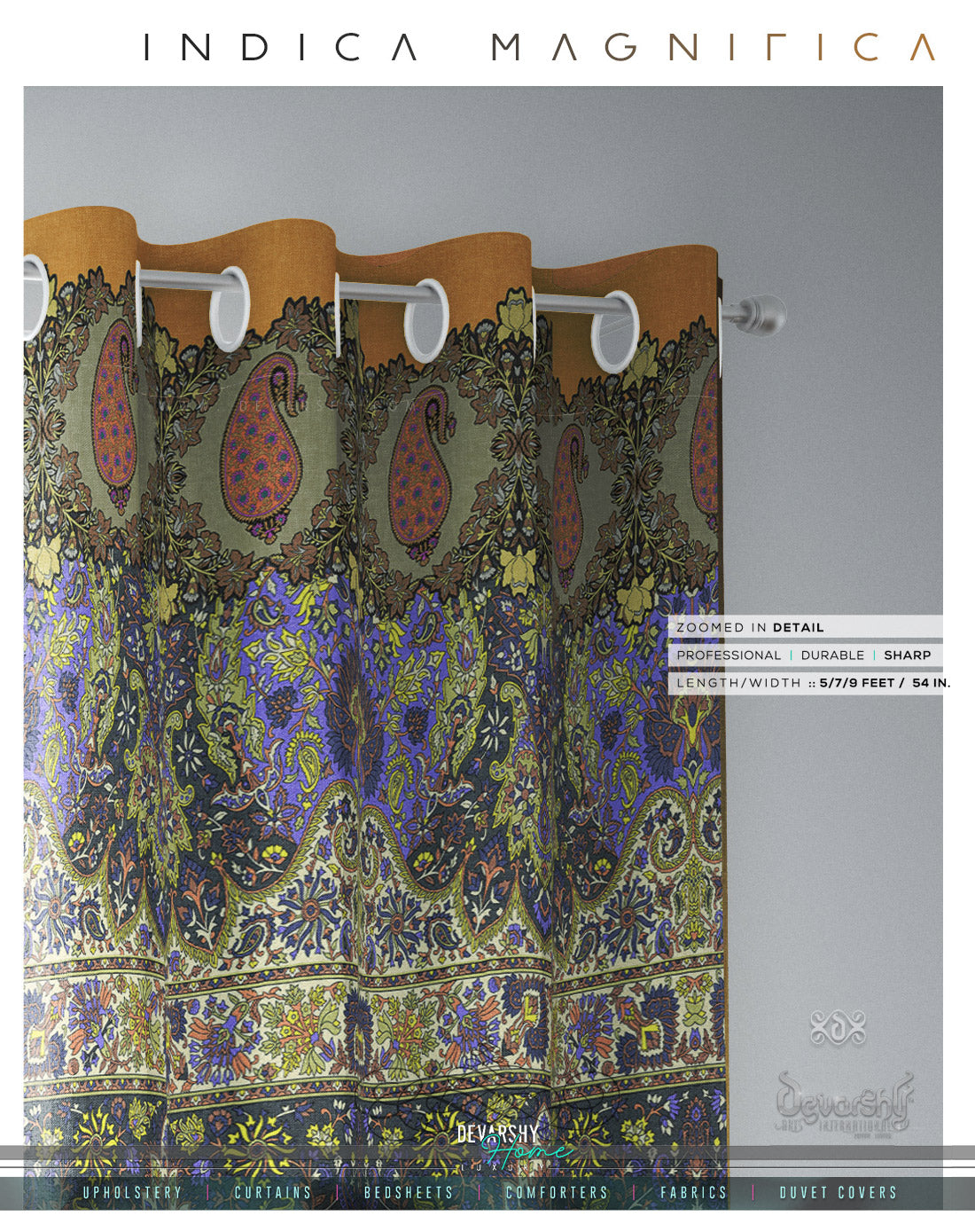 Green Paisley Print PREMIUM Curtain Panel. Available on 12 Fabrics. Made to Order. 100364