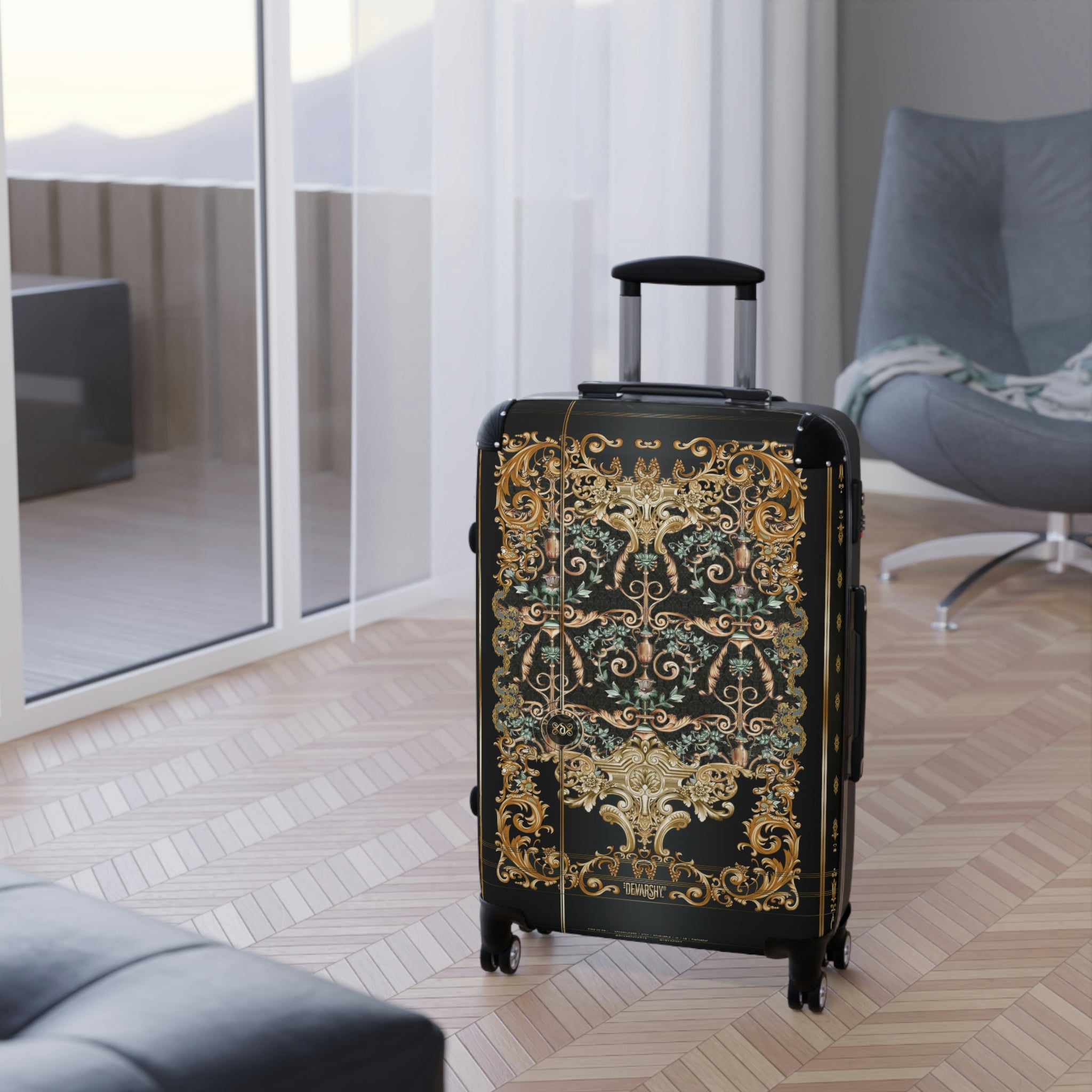 Vienna Baroque Suitcase Carry-on Suitcase Golden Decorative Luggage Black Hard Shell Suitcase in 3 Sizes | 1005E