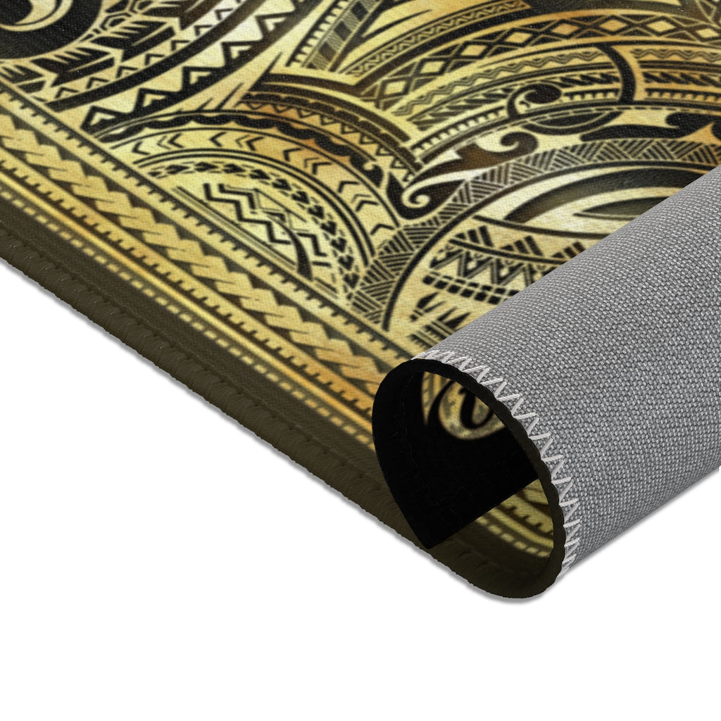 Polynesian Art Area Rug, Gold and Grey Carpet, Chenille Area Rug for Bedroom, in 3 sizes | 100535
