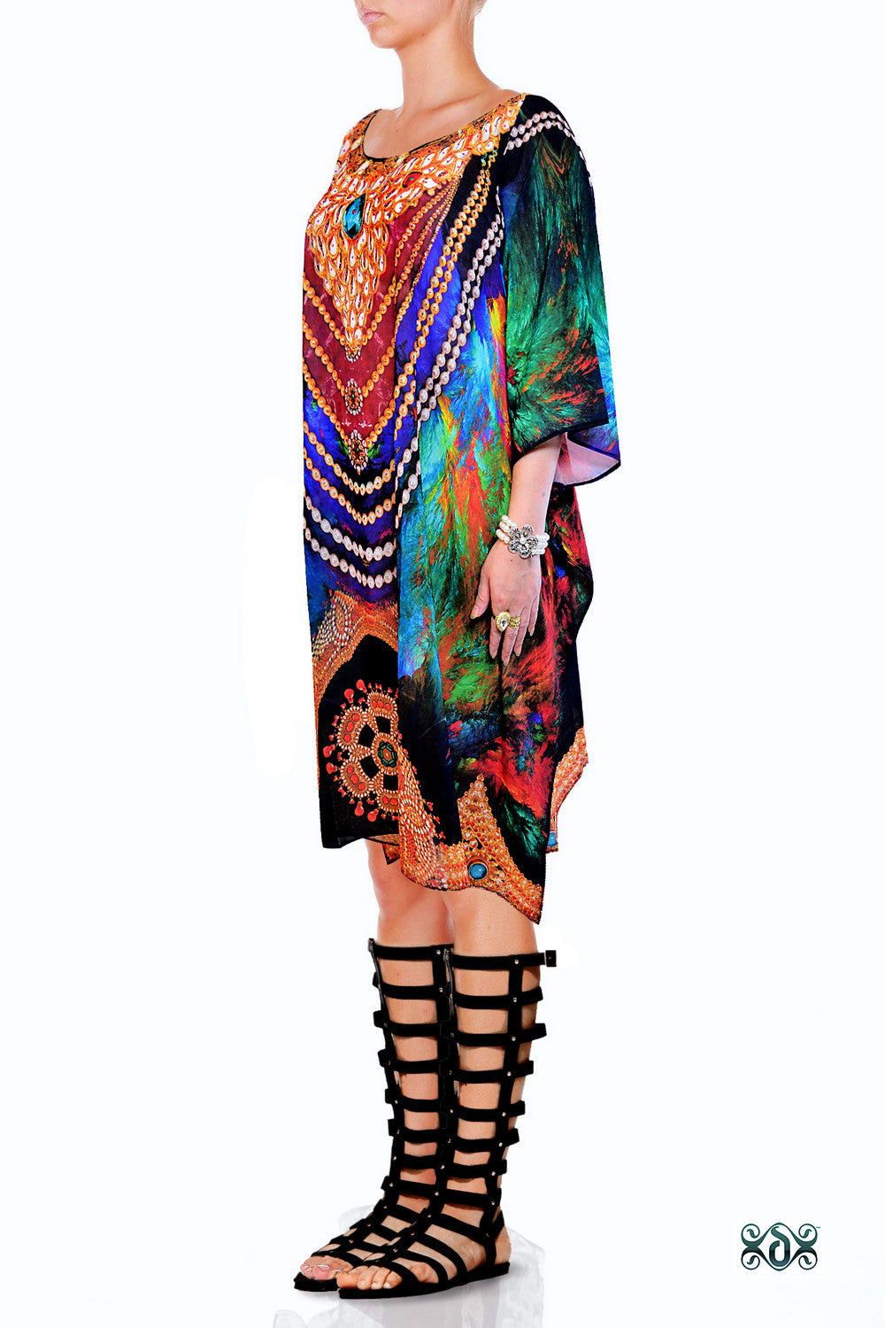NATURE MORTE Colourful Feathers Pure Silk Short Devarshy Kaftan - 002.