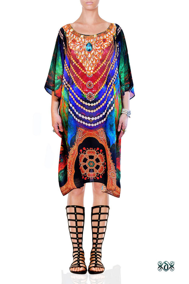 NATURE MORTE Colourful Feathers Pure Silk Short Devarshy Kaftan - 002.