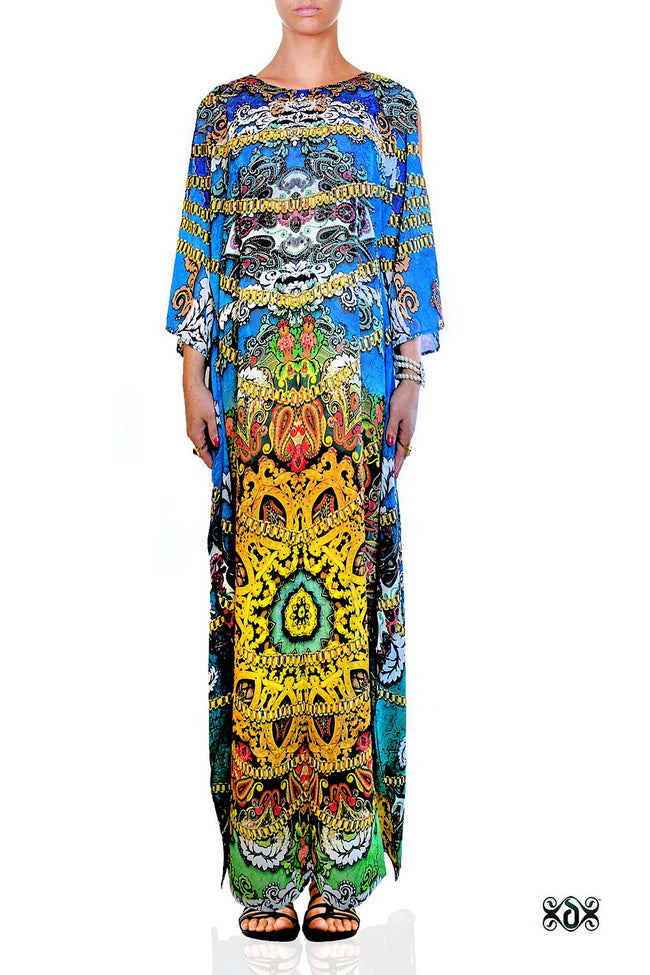 Devarshy Digital print Turquoise Bohemian Design Long Embellished Kaftan - Cyan , Apparel - DEVARSHY, DEVARSHY
 - 1