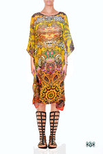 Aurum 79 Yellow Bohemian Florals Devarshy Crystals Embellished Short Kaftan