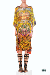 Aurum 79 Yellow Bohemian Florals Devarshy Crystals Embellished Short Kaftan