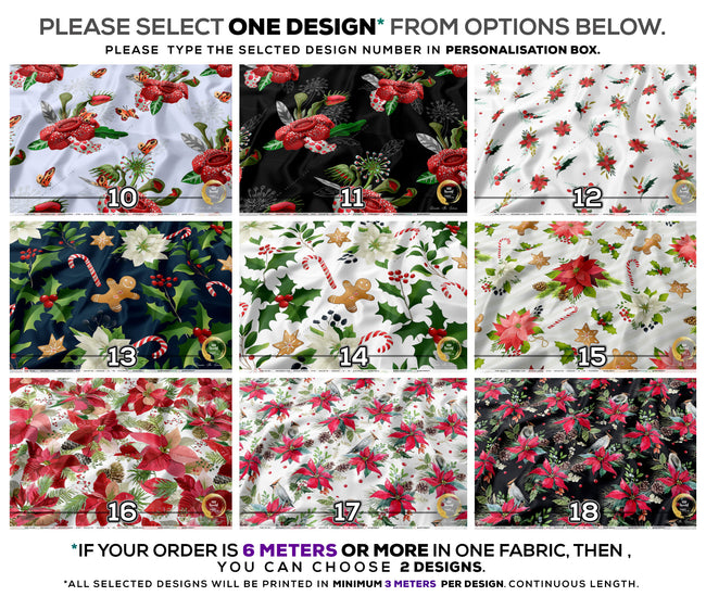 Red Poinsettia Apparel Fabric 3Meters+, 9 Designs | 8 Fabrics Option | Fabric By the Yard | 070