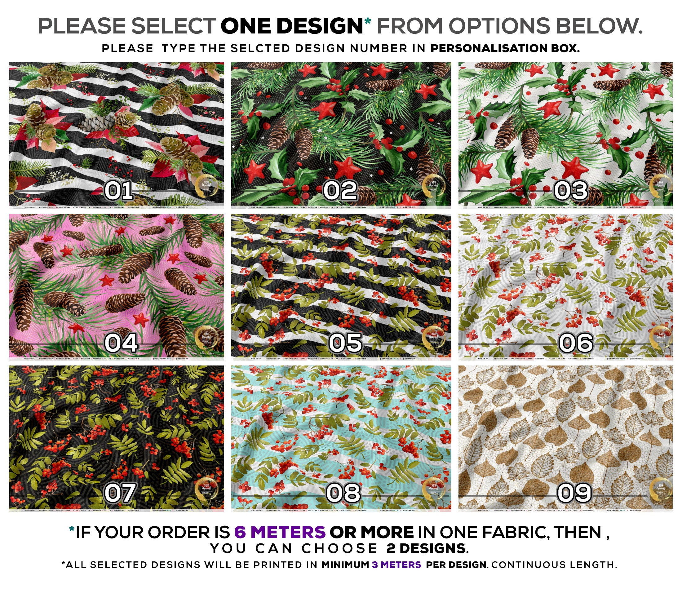 Xmas Florals Apparel Fabric 3Meters+, 9 Designs | 8 Fabrics Option | Fabric By the Yard | 072