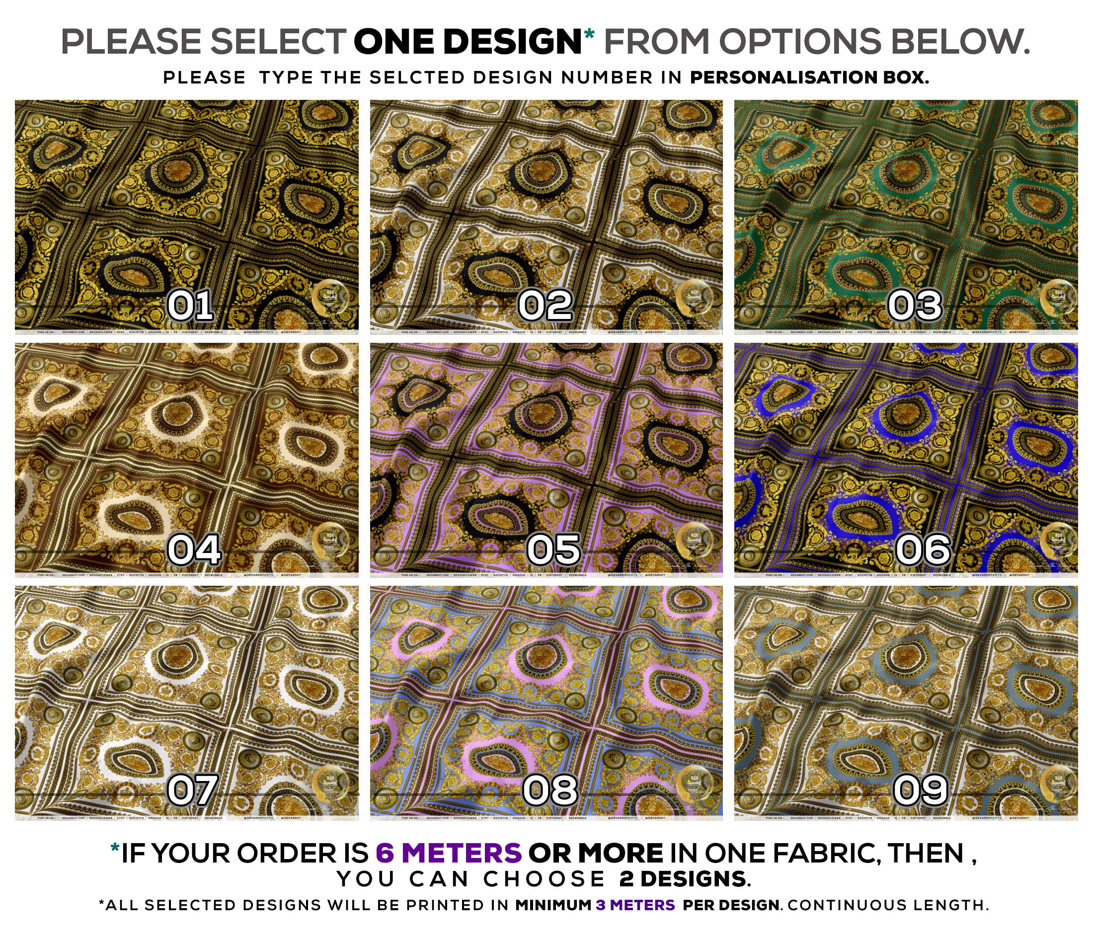 Gold Medallion Apparel Fabric 3Meters+, 9 Designs | 8 Fabrics Option | Fabric By the Yard | 030
