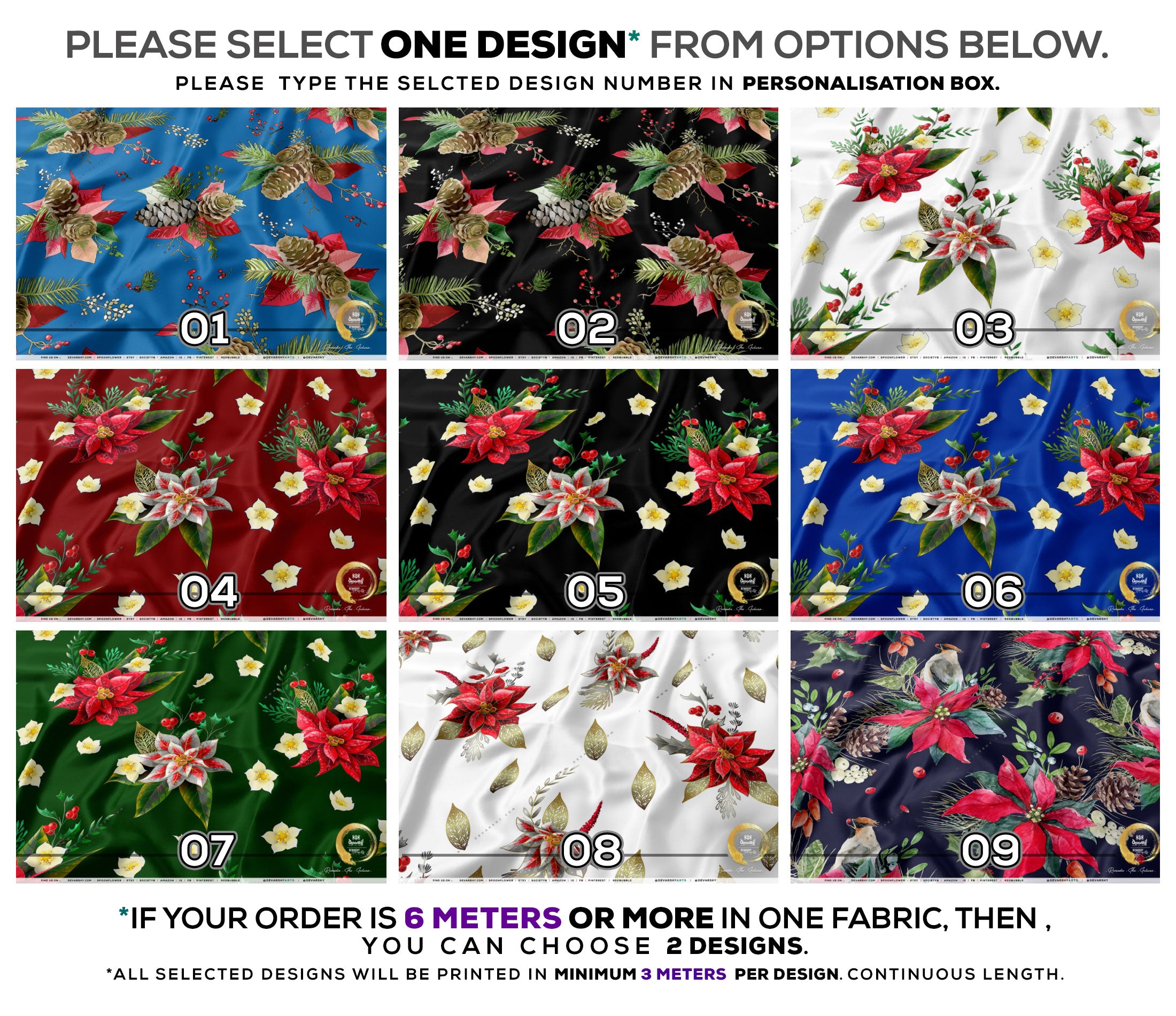 Poinsettia Floral Apparel Fabric 3Meters+, 9 Designs | 8 Fabrics Option | Fabric By the Yard | 070