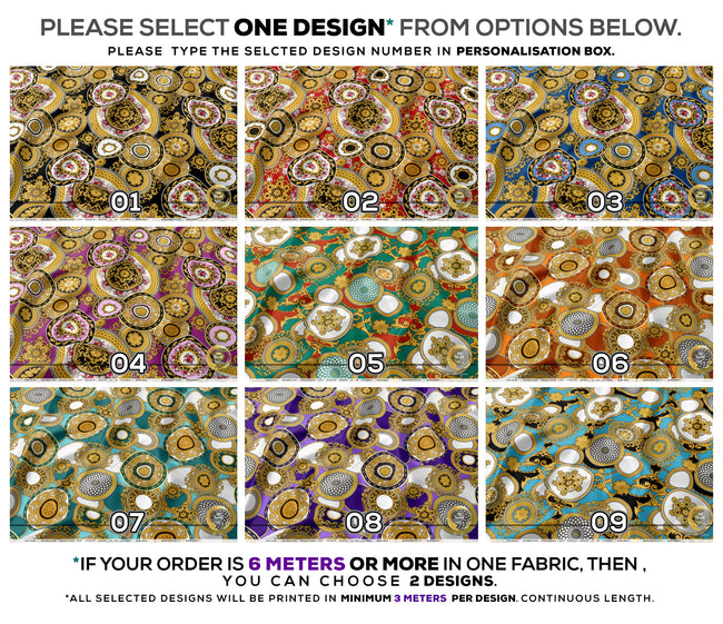 Gold Circles Apparel Fabric 3Meters+, 9 Designs | 8 Fabrics Option | Baroque Fabric By the Yard | 031