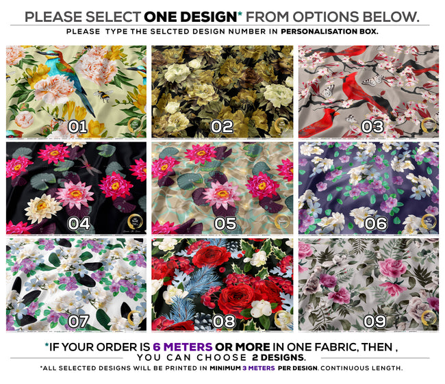 Flowers Apparel Fabric 3Meters+, 9 Designs | 8 Fabrics Option | Fabric By the Yard | D20152