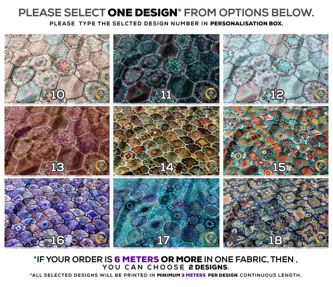 Moroccan Art Apparel Fabric 3Meters+, 9 Designs | 8 Fabrics Option | Fabric By the Yard | D20304