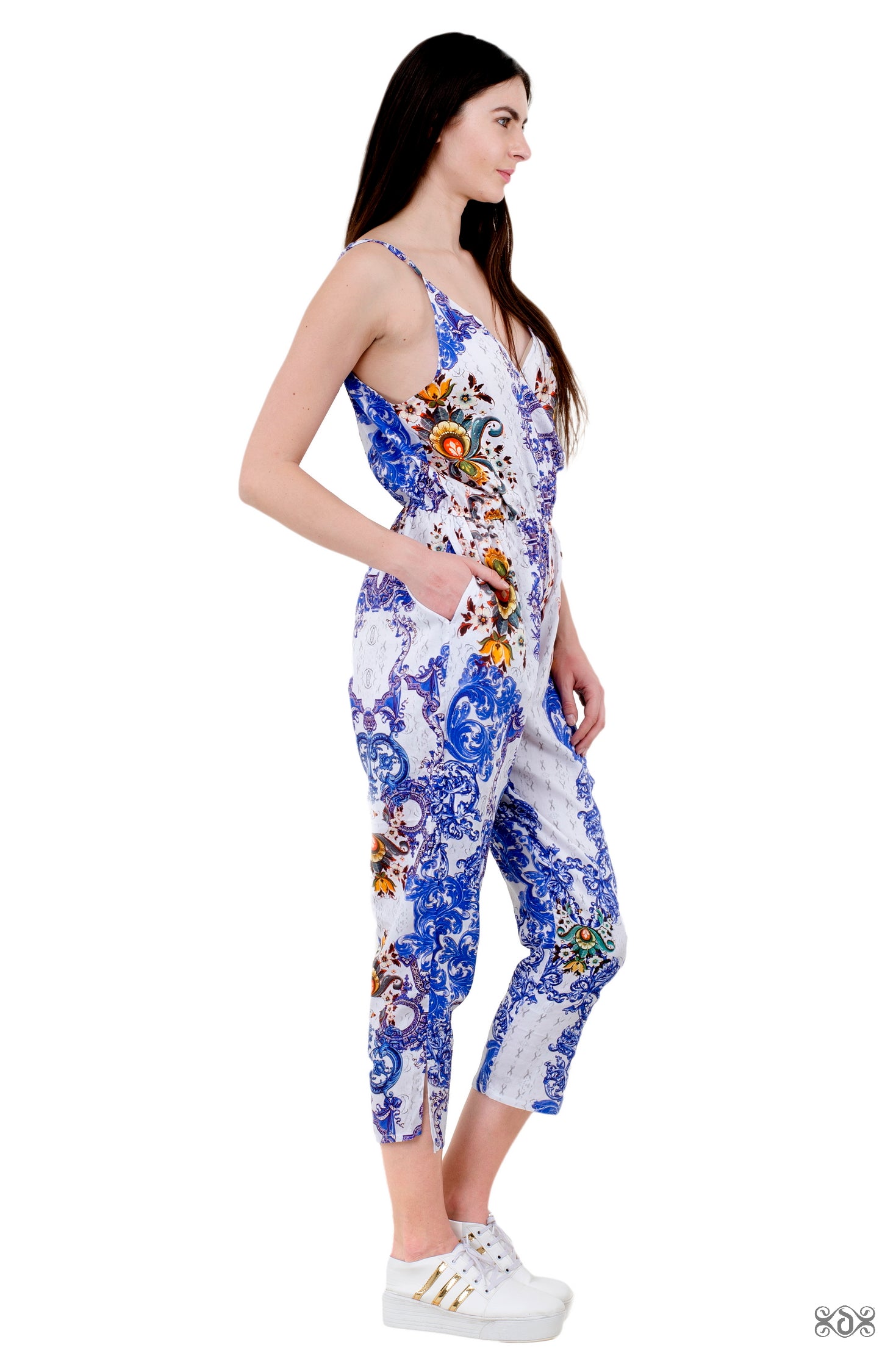Blue Florals Jumpsuit, Organic Cotton Jumpsuit, Women Jumpsuit, Tapered Jumpsuit with Pocket.