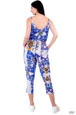 Blue Florals Jumpsuit, Organic Cotton Jumpsuit, Women Jumpsuit, Tapered Jumpsuit with Pocket.