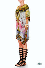 Ornate Pink Pure Silk Kaftan, Crystals Embellished Caftan, Short Silk Kaftan - 1011A