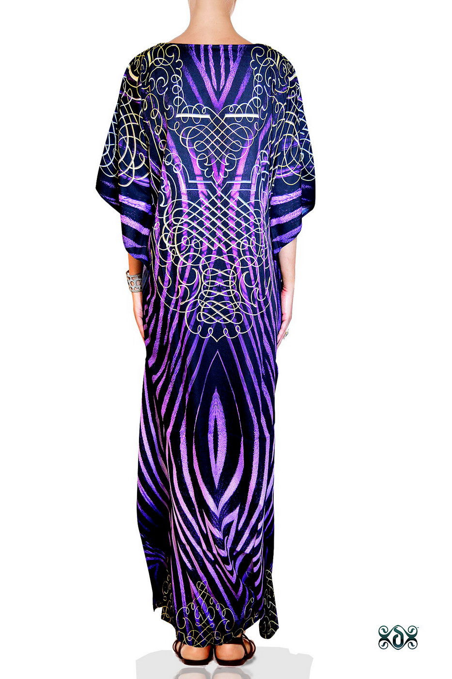 NATURE MORTE Purple Stripes Devarshy Round Neck Long Embellished Kaftan - 1036C