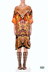 Ornate Feathers Short Kaftan, Crystals Embellished Caftan, Short Crepe Kaftan - 1039A