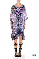 CRYSTALLIUS Decorated Stones Devarshy Pure Silk Short Embellished Kaftan - 1047A