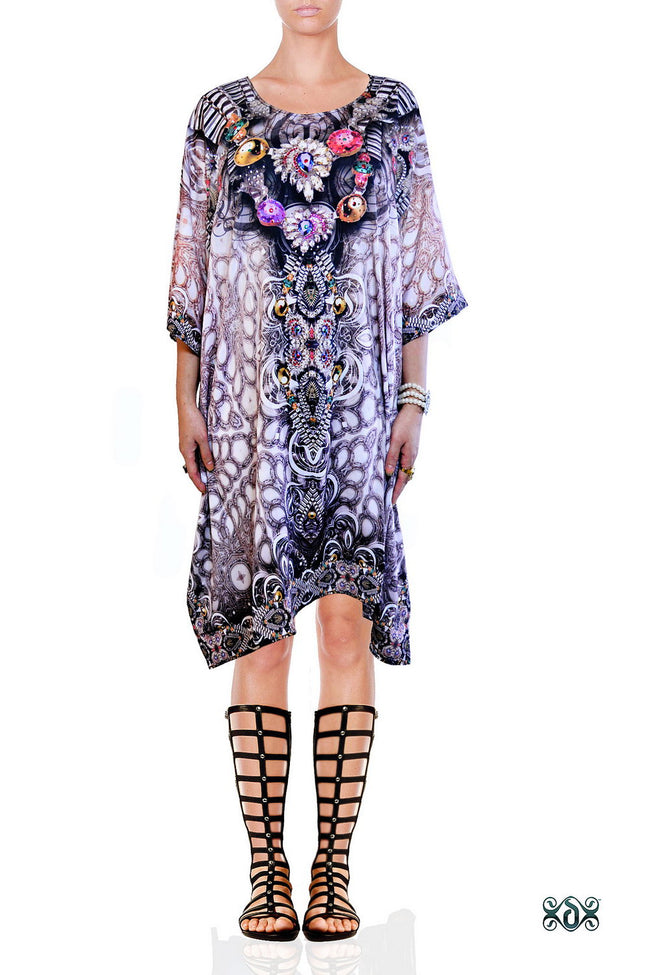 CRYSTALLIUS Decorated Stones Devarshy Pure Silk Short Embellished Kaftan - 1047A.