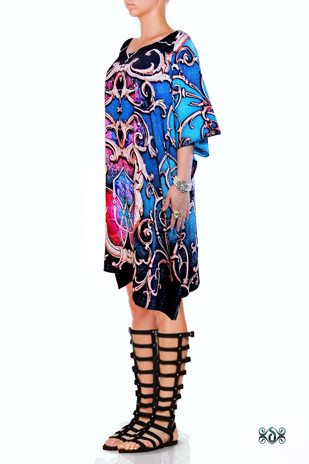 Devarshy Digital print Blue Baroque Style Designer Short Embellished Kaftan -1053B , Apparel - DEVARSHY, DEVARSHY
 - 2