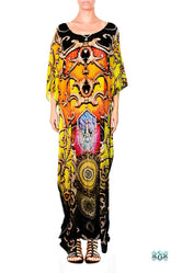 Baroque Yellow Kaftan, Crystals Embellished Caftan, Long Georgette Kaftan - 1053C