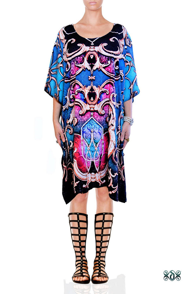 Devarshy Digital print Blue Baroque Style Designer Short Embellished Kaftan -1053B , Apparel - DEVARSHY, DEVARSHY
 - 1