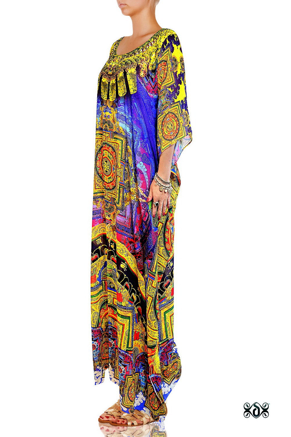 Devarshy Designer Digital print Decorous Tibetan painting Long Embellished Kaftan - 1065C , Apparel - DEVARSHY, DEVARSHY
 - 2