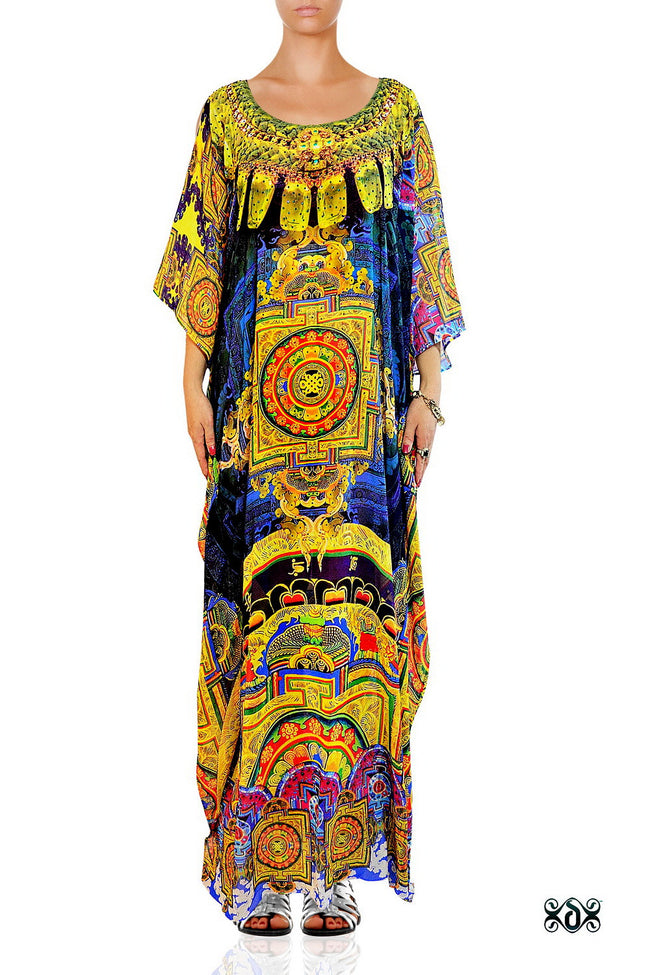 Digital print Devarshy Designer Navy Blue Tibetan painting Embellished Maxi Kaftan -1065B , Apparel - DEVARSHY, DEVARSHY
 - 1