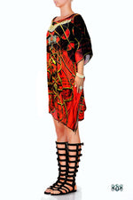 AURUM 79 Radiant Scarlet Spirals Devarshy Pure Silk Short Kaftan - 1078B