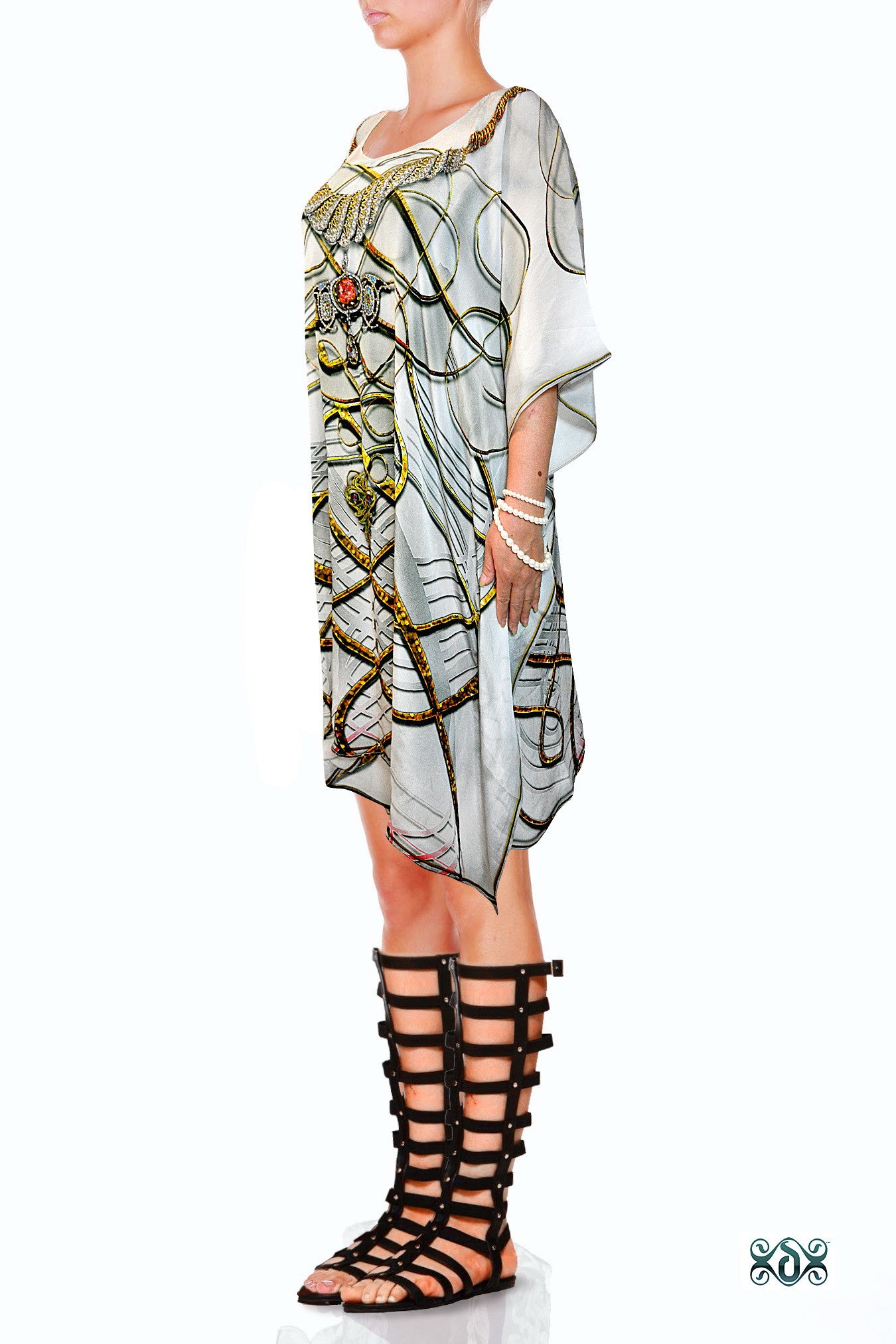 AURUM 79 Golden Spirals Pure Silk Devarshy Short Embellished Kaftan - 1078C