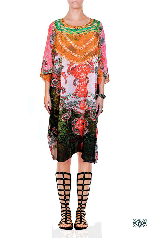 Devarshy Designer Digital Print Paisley Design Short Embellished Kaftan Tunic - 1087C , Apparel - DEVARSHY, DEVARSHY
 - 1