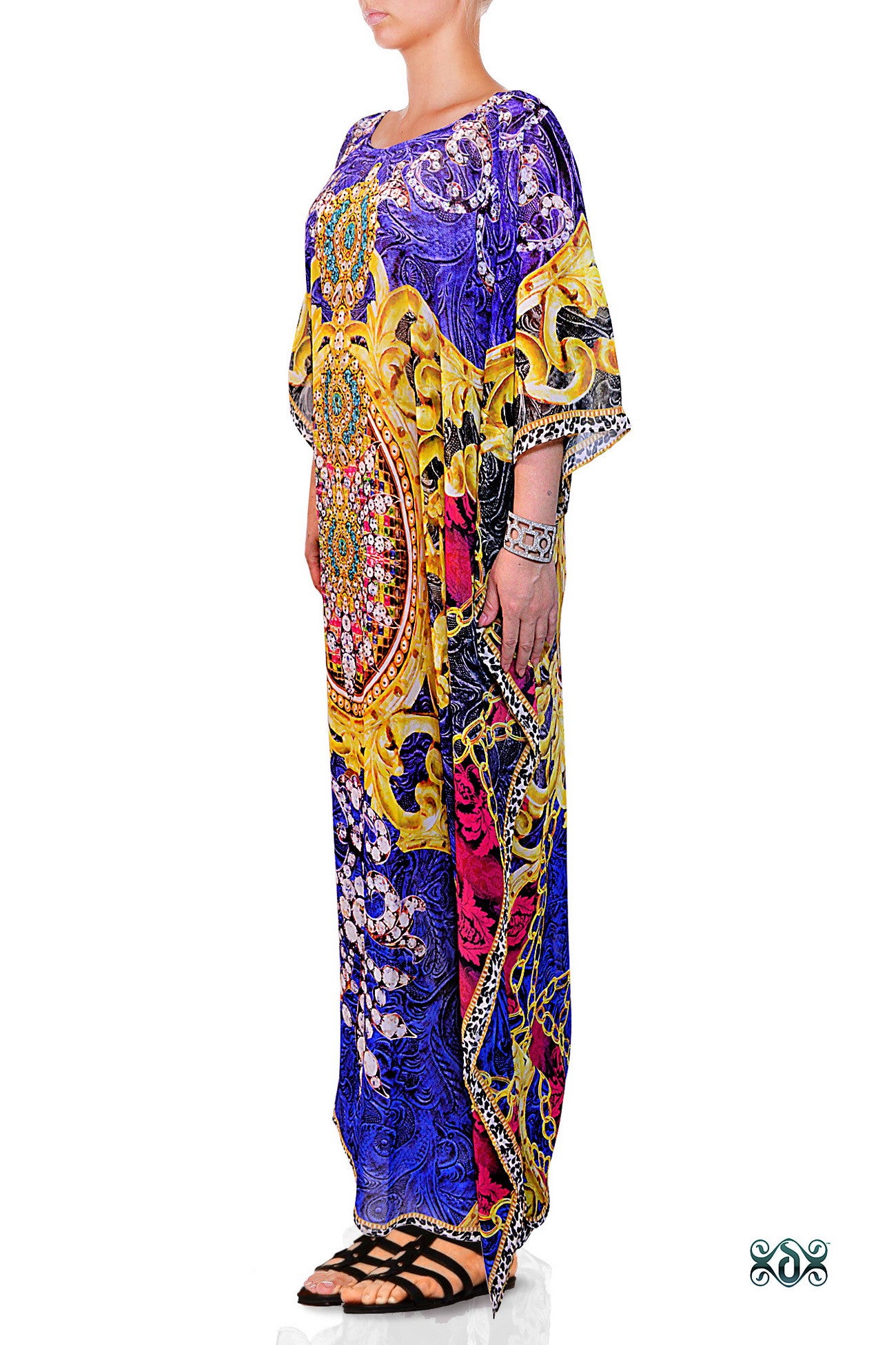 Devarshy Blue Digital Print Baroque Design Ornate Long Embellished Designer Kaftan - 1095A , Apparel - DEVARSHY, DEVARSHY
 - 2