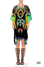 CRYSTALLIUS Ornamental Green Pure Silk Short Devarshy Kaftan - 1097B