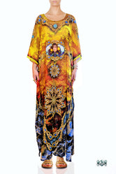 Artistic Yellow Kaftan, Crystals Embellished Kaftan, Long Georgette Kaftan - 1101A