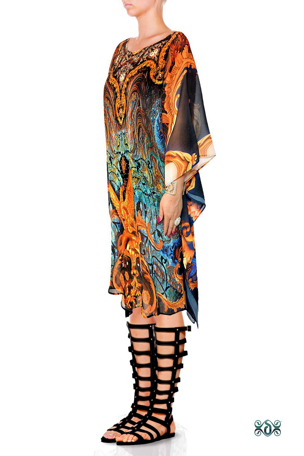 Blue Decorous Pure Silk Kaftan, Crystals Embellished Caftan, Short Silk Kaftan - 1103A