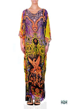 Devarshy Yellow Purple Digital Print Golden Decorative Design Long Embellished Kaftan - 1103B , Apparel - DEVARSHY, DEVARSHY
 - 1