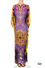 Devarshy Yellow Purple Digital Print Golden Decorative Design Long Embellished Kaftan - 1103B , Apparel - DEVARSHY, DEVARSHY
 - 3