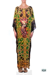 Decorative Green Long Kaftan, Crystals Embellished Caftan, Long Georgette Kaftan - 1104B
