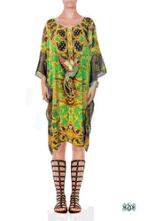 Vibrant Green Kaftan, Short Georgette Kaftan, Crystals Embellished Caftan - 1104B