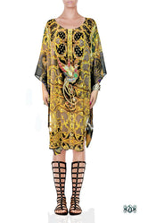 Ornamental Yellow Kaftan, Crystals Embellished Caftan, Short Georgette Kaftan - 1104C