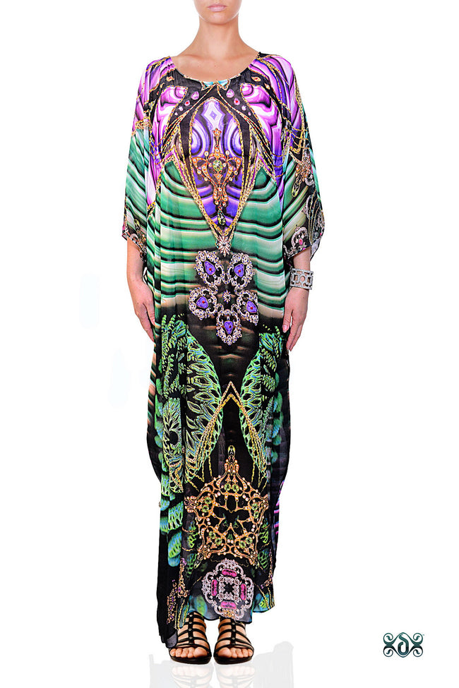 Devarshy Sea Green Digital Print Corals Design Long Embellished Designer Kaftan - 1107A , Apparel - DEVARSHY, DEVARSHY
 - 1