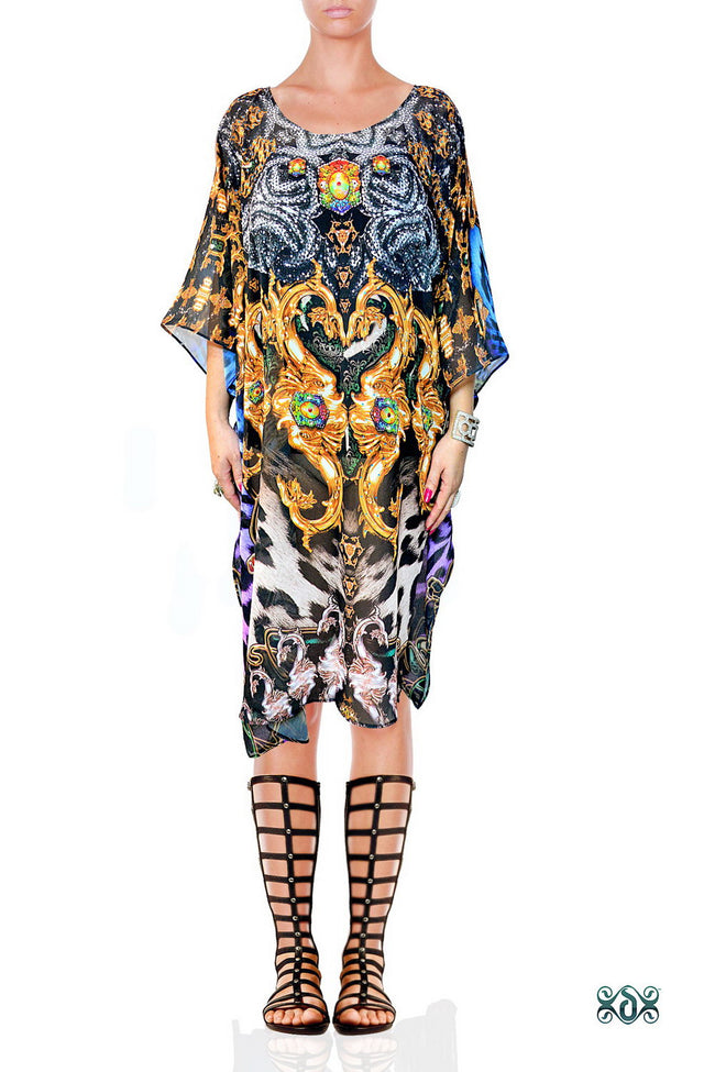 NATURE MORTE Ornate Grey Animal Print Devarshy Short Georgette Kaftan - 1108B