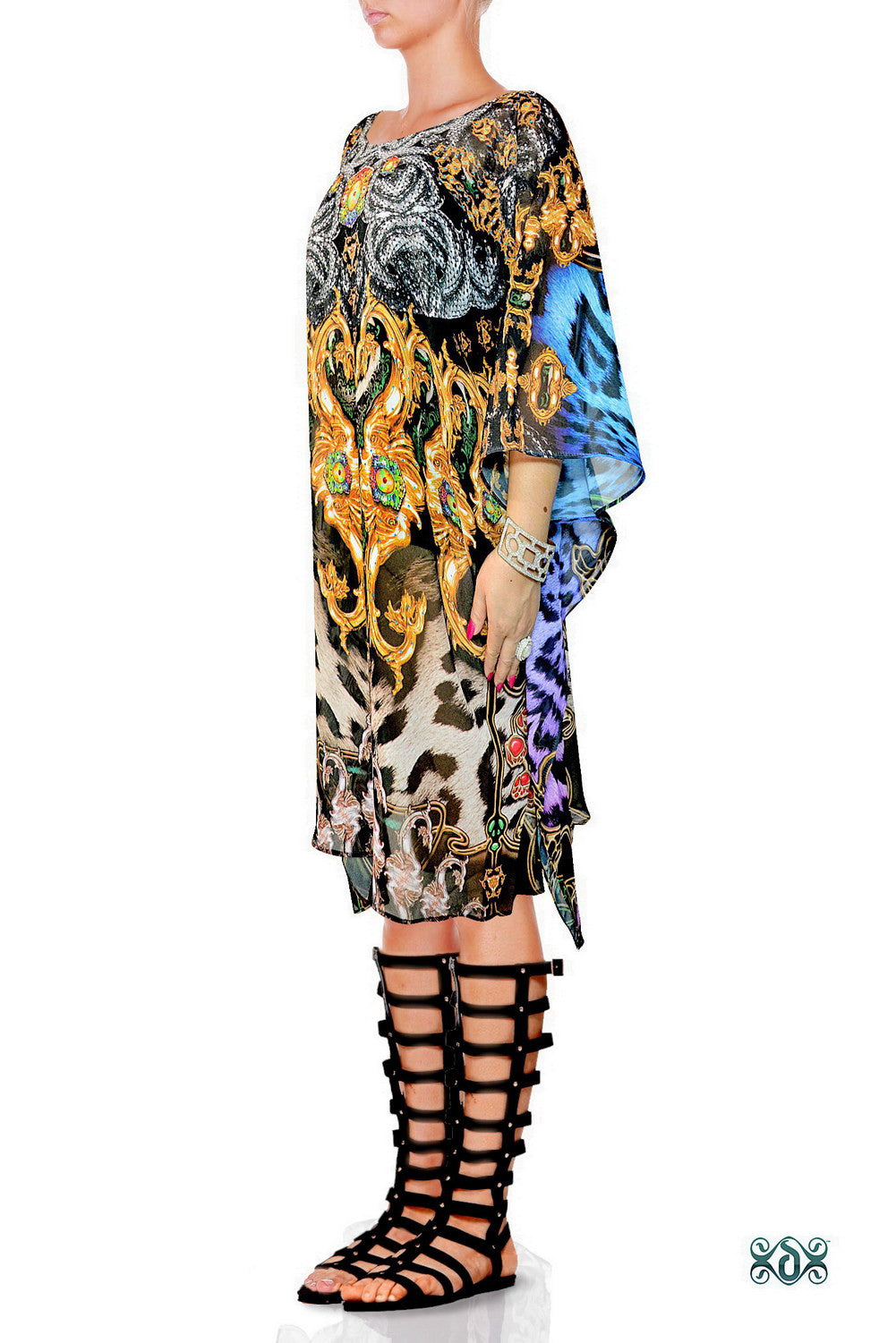 NATURE MORTE Ornate Grey Animal Print Devarshy Short Georgette Kaftan - 1108B